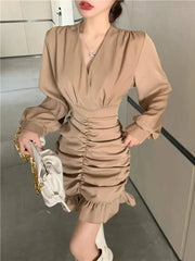 Elegant Women Mini Dress Vintage Tunic Irregular Long Sleeve Korean Office Ladies Ruffles Dress Sexy V Neck Party Vestidos