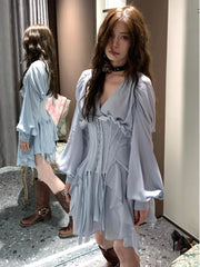 Sweet Blue Mesh Slim Waist Cummerbund+ Y2k Grunge V-neck Long Sleeve A-line Dress for Women 2024 Spring New Two Piece Sets