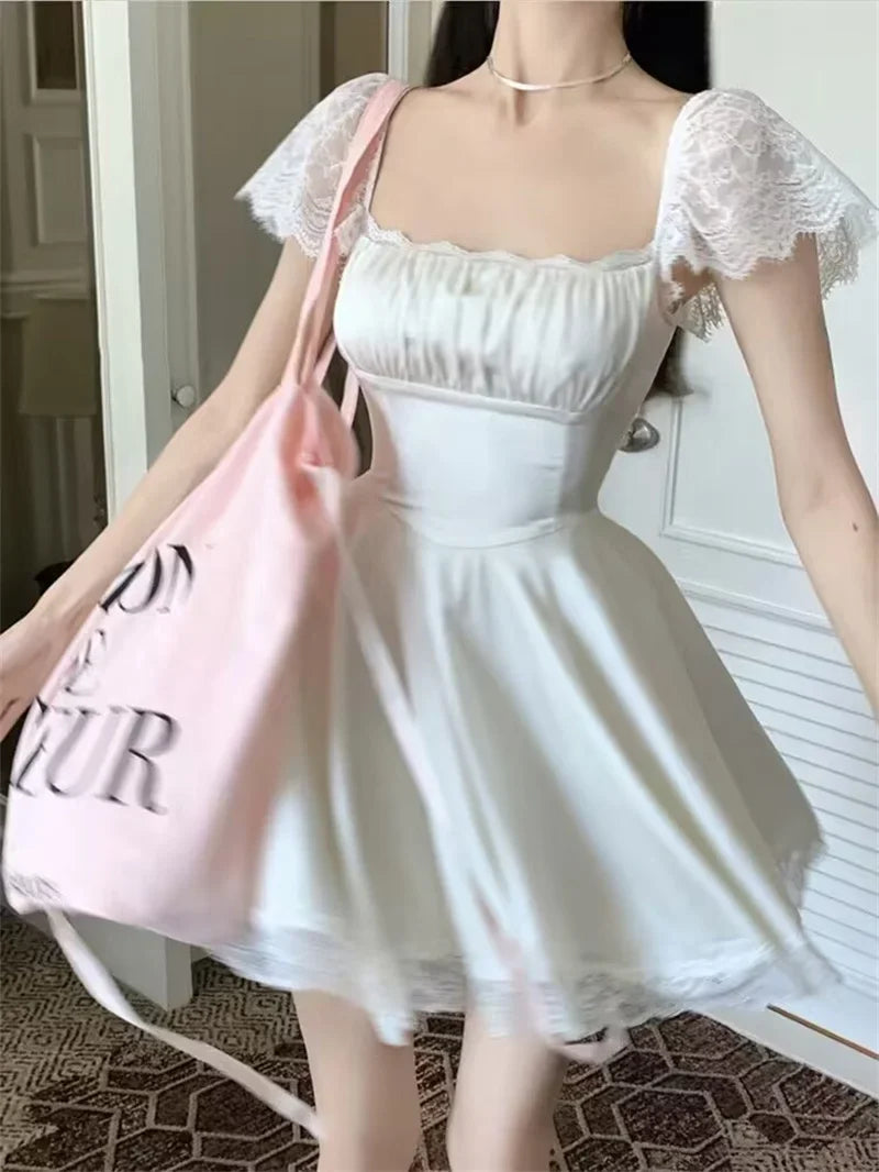 Women Dress Summer Short Sleeve White Short Dress A-Line High Waist Evening Night Party Dress Beach Vestidos