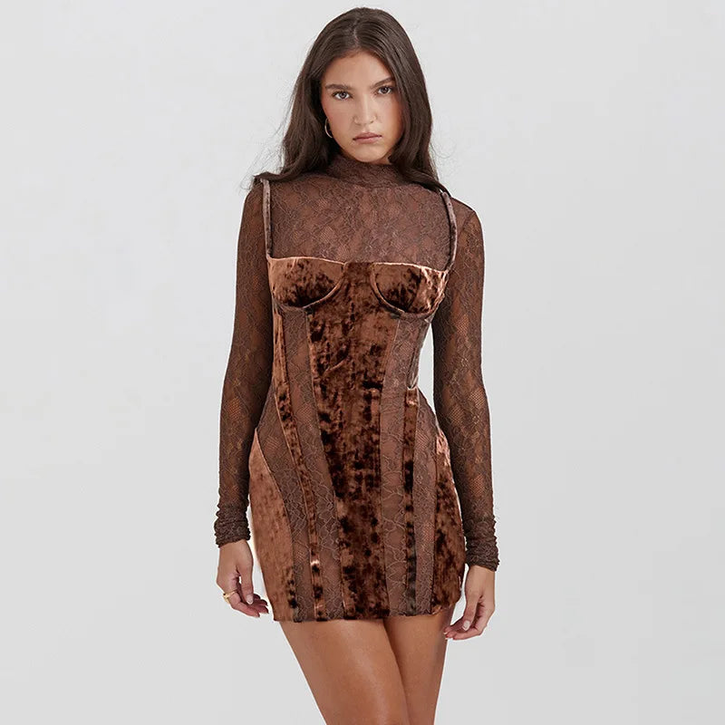 Mesh Print Sexy Mini Dress O Neck Long Sleeve Slim See Through Slim Streetwear Retro Dresses For Women Night Club Party Vestidos