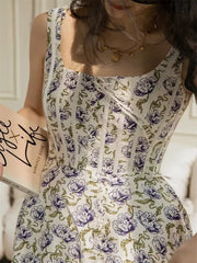 Purple Floral Sleeveless Vintage Strap Dress A-Line High Waist Split Sexy Midi Dress Summer
