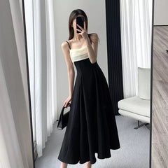 Black Patchwork Spaghetti Strap Dress A-Line High Waist Vintage Midi Dress Elegant Summer Dress Vestidos