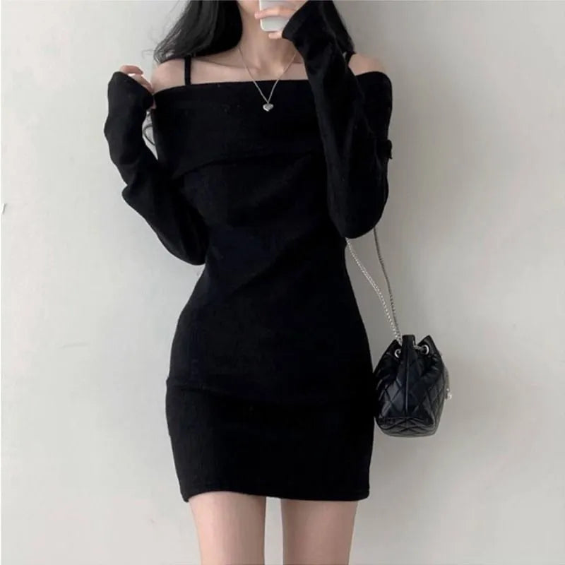 Women's Dresses Bodycon Clothing Over The Shoulder Solid Female Dress Extreme Mini Crochet Sexy Daring One Knit Short Harajuku