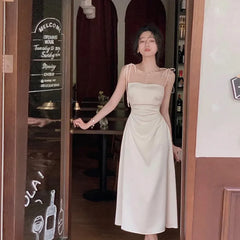 Sexy Hollow Out Spaghetti Strap Midi Dress Women Summer French Sleeveless Slim One Piece Vestidos Lady Fashion Chic Prom Clothes