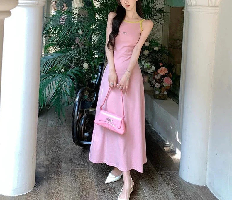 Spring Outfit Sleeveless Dress Women Pink Halter Sundress Girl Sweet Sexy Retro Streetwear Harajuku Long Dresses