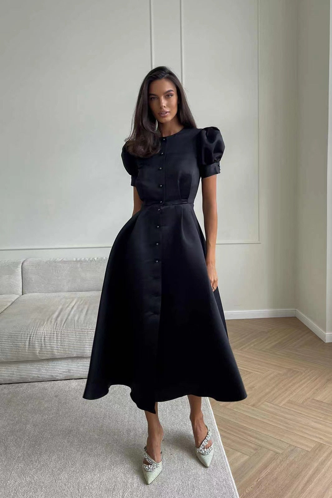 Women's Dress Single Breasted Lantern Sleeve A-line Dresses High Waist Split Mid-Length New Elegant and Pretty Dress for Women