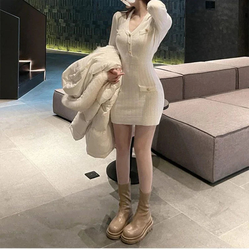 Woman Dress Party Over The Shoulder Dresses for Women Solid Prom Crochet Bodycon Sexy Daring Short Clothes Extreme Mini Knitted