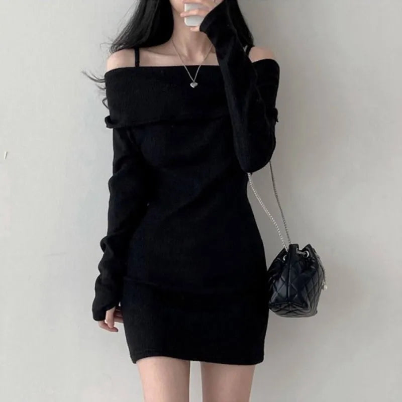 Women's Dresses Bodycon Clothing Over The Shoulder Solid Female Dress Extreme Mini Crochet Sexy Daring One Knit Short Harajuku