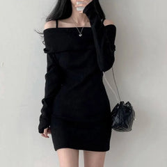 Women's Dresses Bodycon Clothing Over The Shoulder Solid Female Dress Extreme Mini Crochet Sexy Daring One Knit Short Harajuku