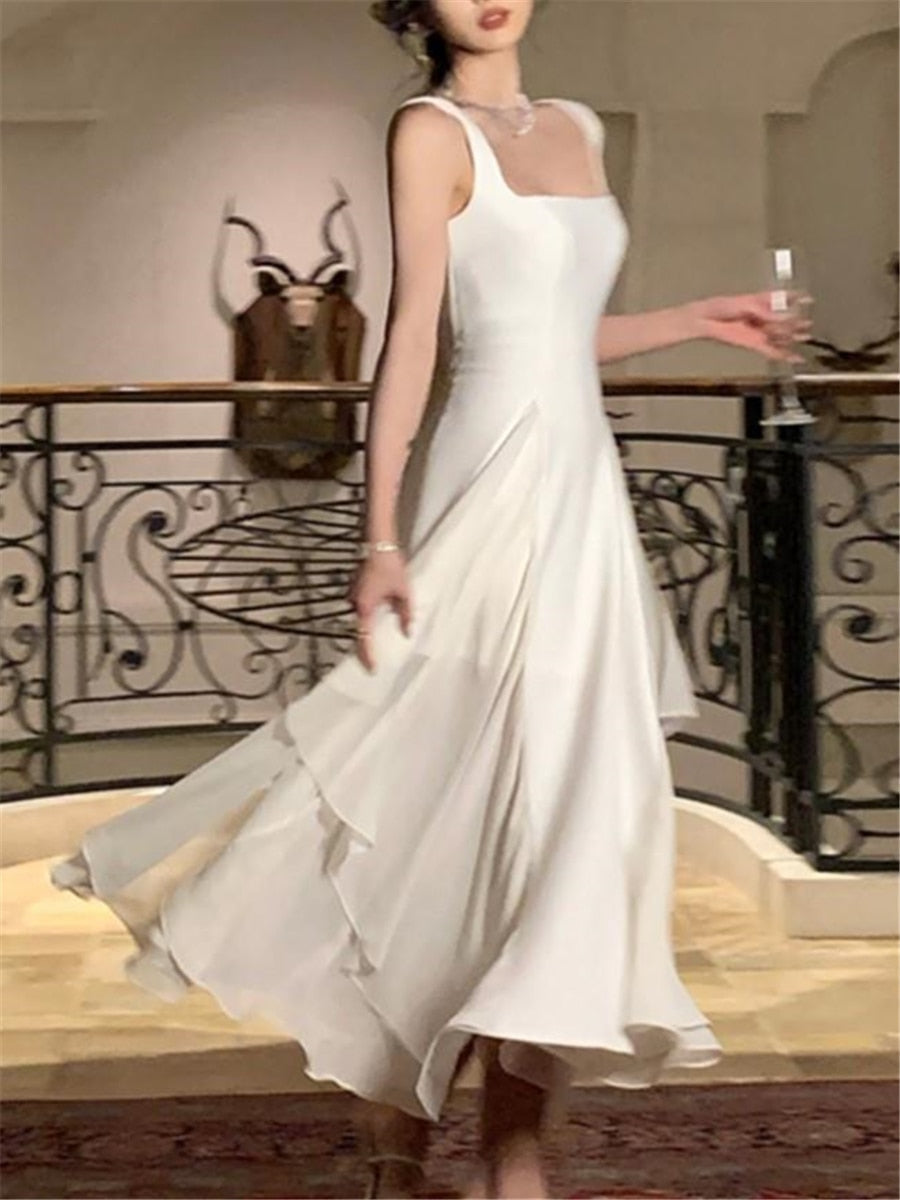 Ruffles Midi Dresses Summer New Women French Elegant Square Neck Evening Party White Vestidos Fashion Princess Birthday Clothes