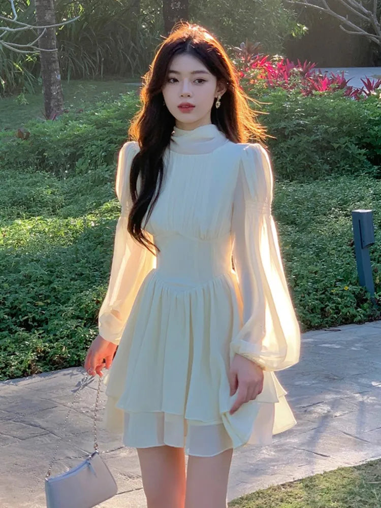 French Elegant Slim Ruffle Dress Summer Women Graduation Evening Party Robe Female Bubble Sleeve Korean Chiffon Vestidos