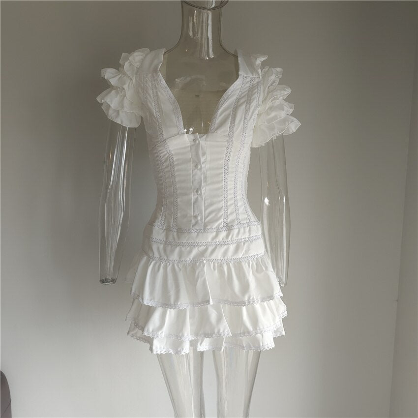 Summer and Autumn Women Short Sleeve Ruffle Pink V-neck Mini Dress