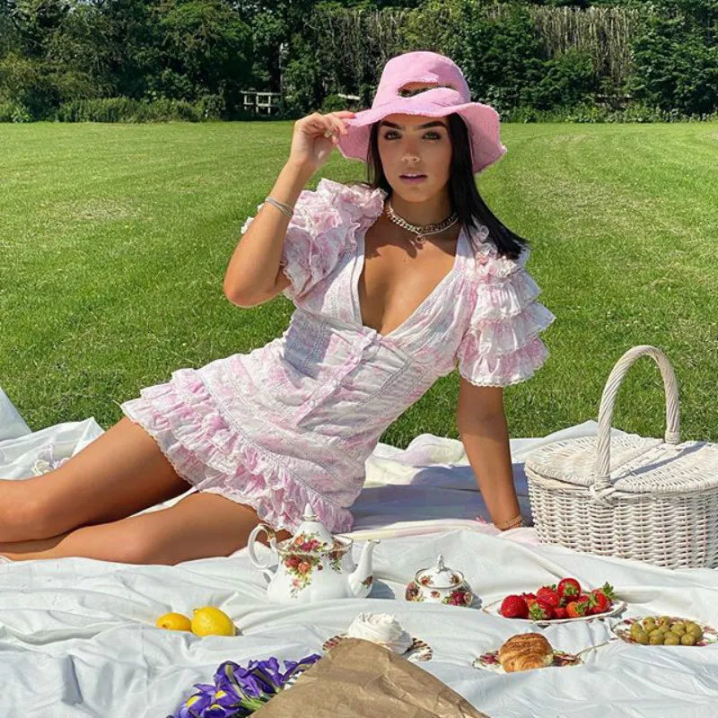 Summer and Autumn Women Short Sleeve Ruffle Pink V-neck Mini Dress