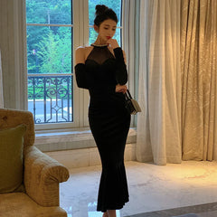 Sexy Bodycon Black Velvet Midi Dresses for Women Spring Autumn Elegant Sleeveless Mermaid Female Clothing Evening Party Robe New