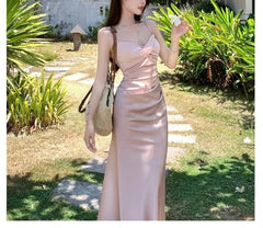 Summer Sexy Backless Satin Straps Midi Dresses for Women 2024 Elegant Party Sleeveless Female Clothing Beach Holiday Pink New