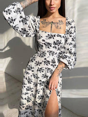 2024 New Floral Print Backless Midi Dress Women Sleeve Lantern Sleeve High Split Lady Elegant Square Collar Casual Long Dress