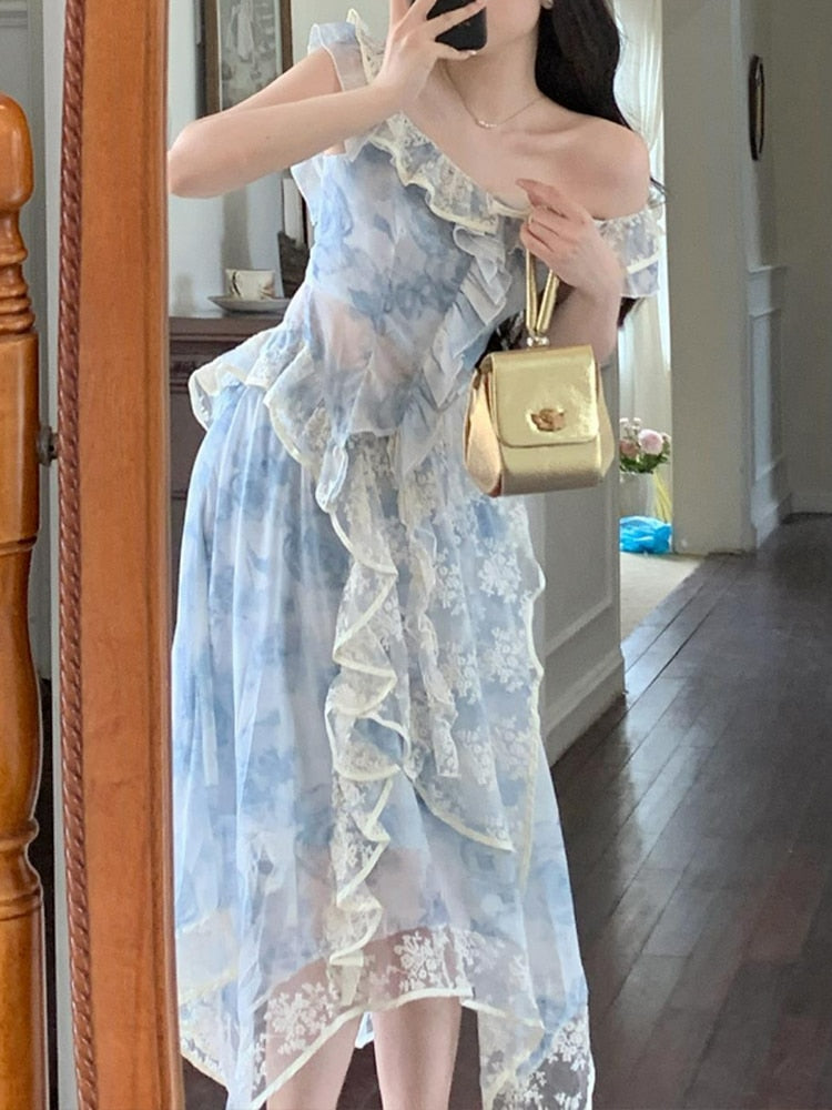 Sweet Elegant Princess Dress Women Summer Vintage Floral Print Long Dress Irregular Off Shoulder Lace Splice Ruffles Party Dress