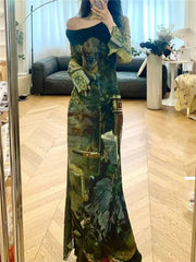 Elegant Vintage Green Print Dresses Y2k Skew Collar Long Sleeve Dress for Women Spring New Slim Fit Bodycon Vestidos Mujer