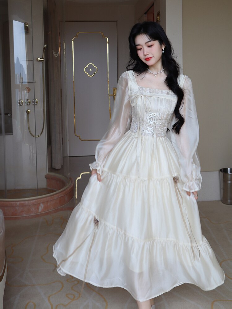 Yellow French Vintage Fairy Dress Women Bandage Elegant Evening Party Midi Dress Long Sleeve Korean Style Fairy Dress Autumn New