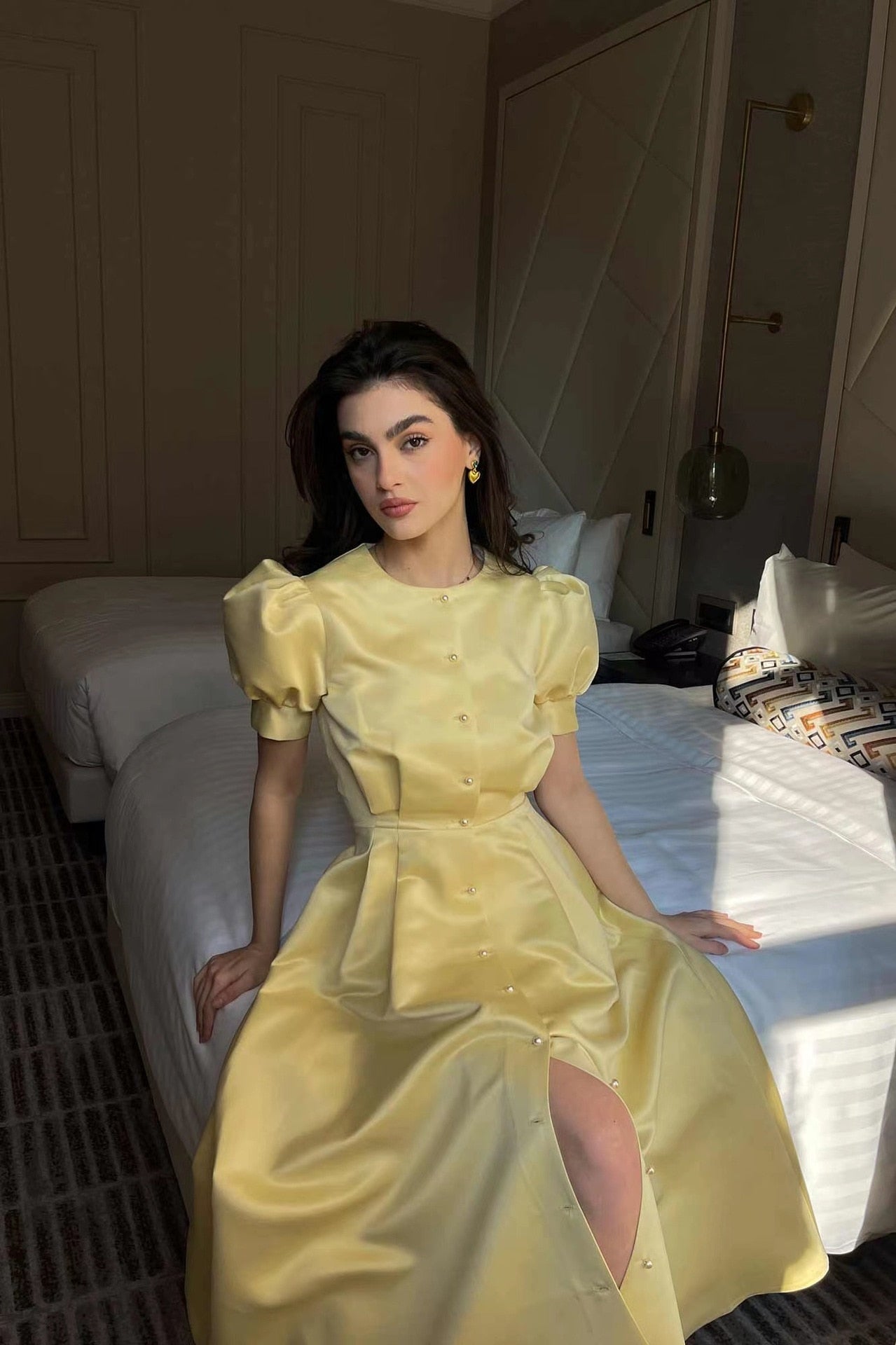 Women's Dress Single Breasted Lantern Sleeve A-line Dresses High Waist Split Mid-Length New Elegant and Pretty Dress for Women