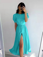 Women's Dress Single Breasted Lantern Sleeve A-line Dresses High Waist Split Mid-Length New Elegant and Pretty Dress for Women