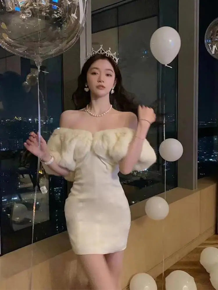 Spring Outfit White Sexy Club Off Shoulder Gown Short Dress Spring Summer Elegant Birthday Evening Party Spliced Velvet Mini Dress 2024 Women