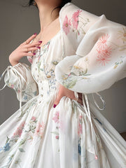 French Elegant Floral Midi Dress Chiffon Long Sleeve