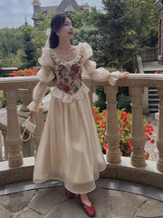 Vintage Print Elegant Dress Women 2024 Autumn O-Neck Casual Evening Midi Dress Female Puff Sleeve Korea Fairy Dress