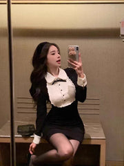 Sweet Black White Long Sleeve Sresses 2024 Spring New Slim Waist Dress for Women Y2k Grunge  Fit Bodycon Vestidos Mujer