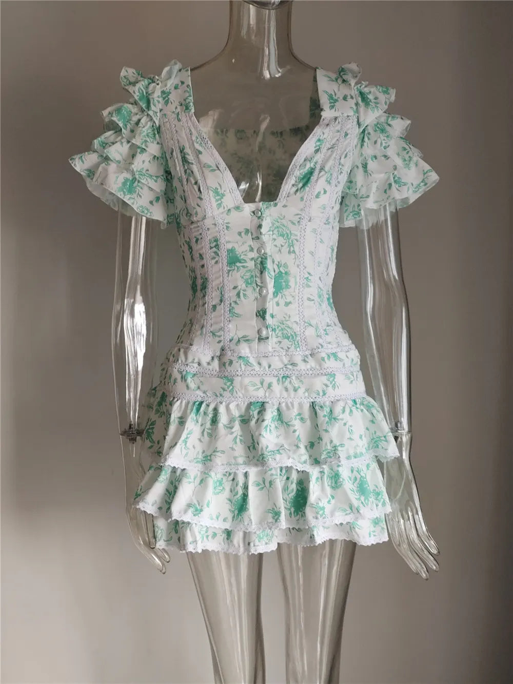 Summer and Autumn Women Short Sleeve Ruffle Pink V-neck Mini Dress