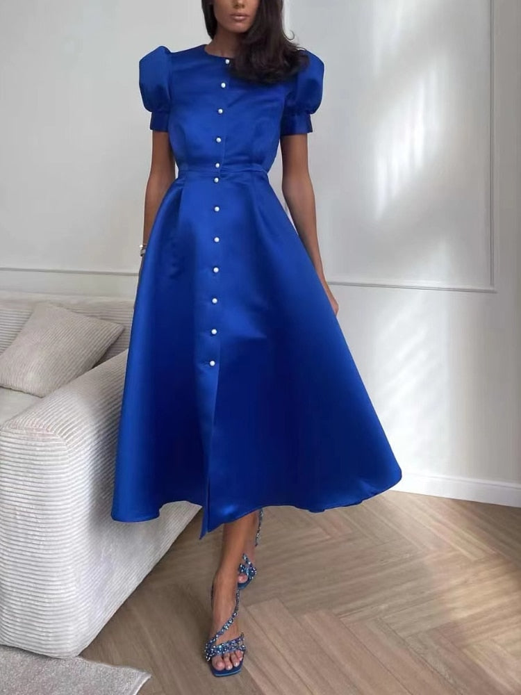 Women's Dress Single Breasted Lantern Sleeve A-line Dresses High Waist Split Mid-Length New Elegant and Pretty Dress for Women