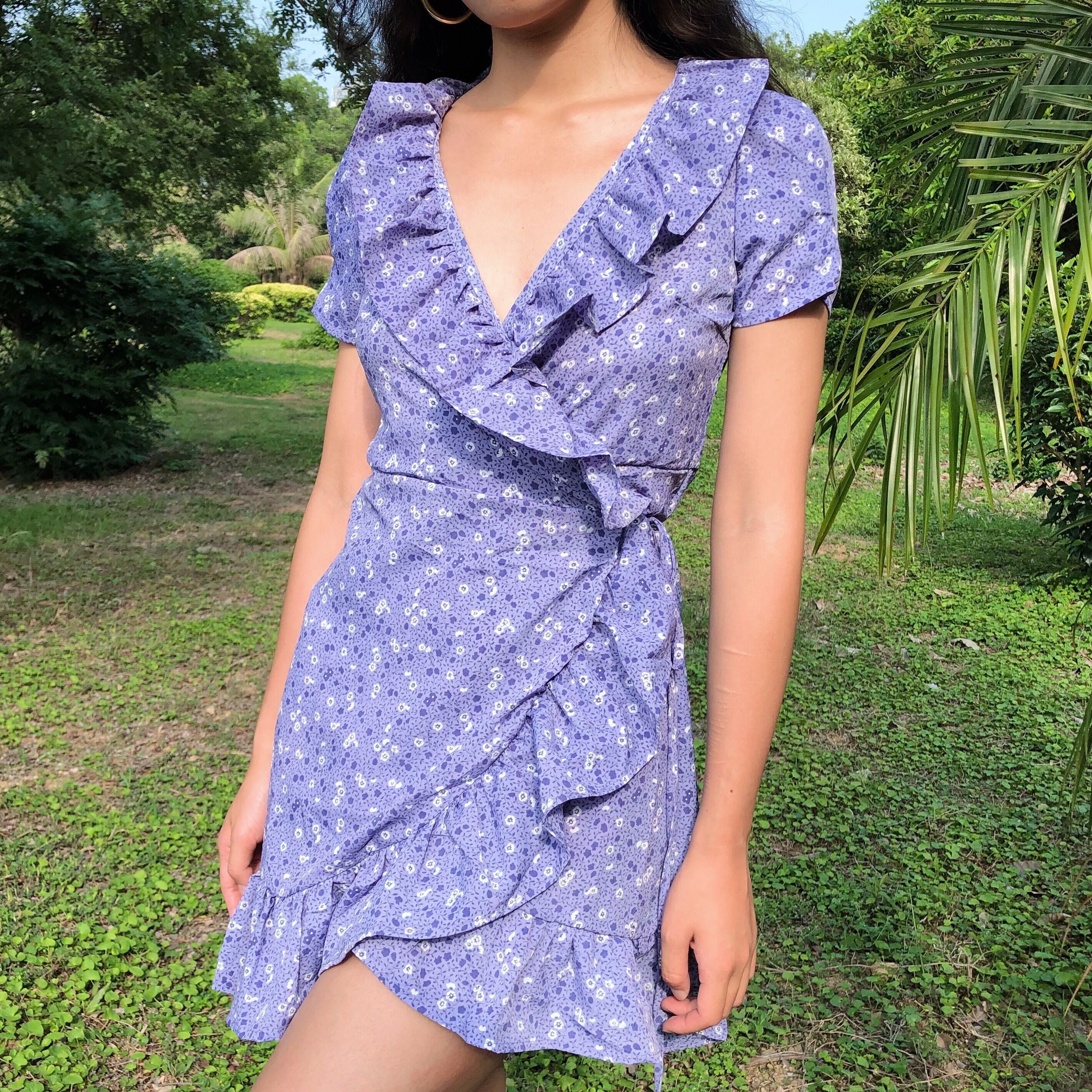 Ifomat Purple Floral Ruffled Wrap Dress