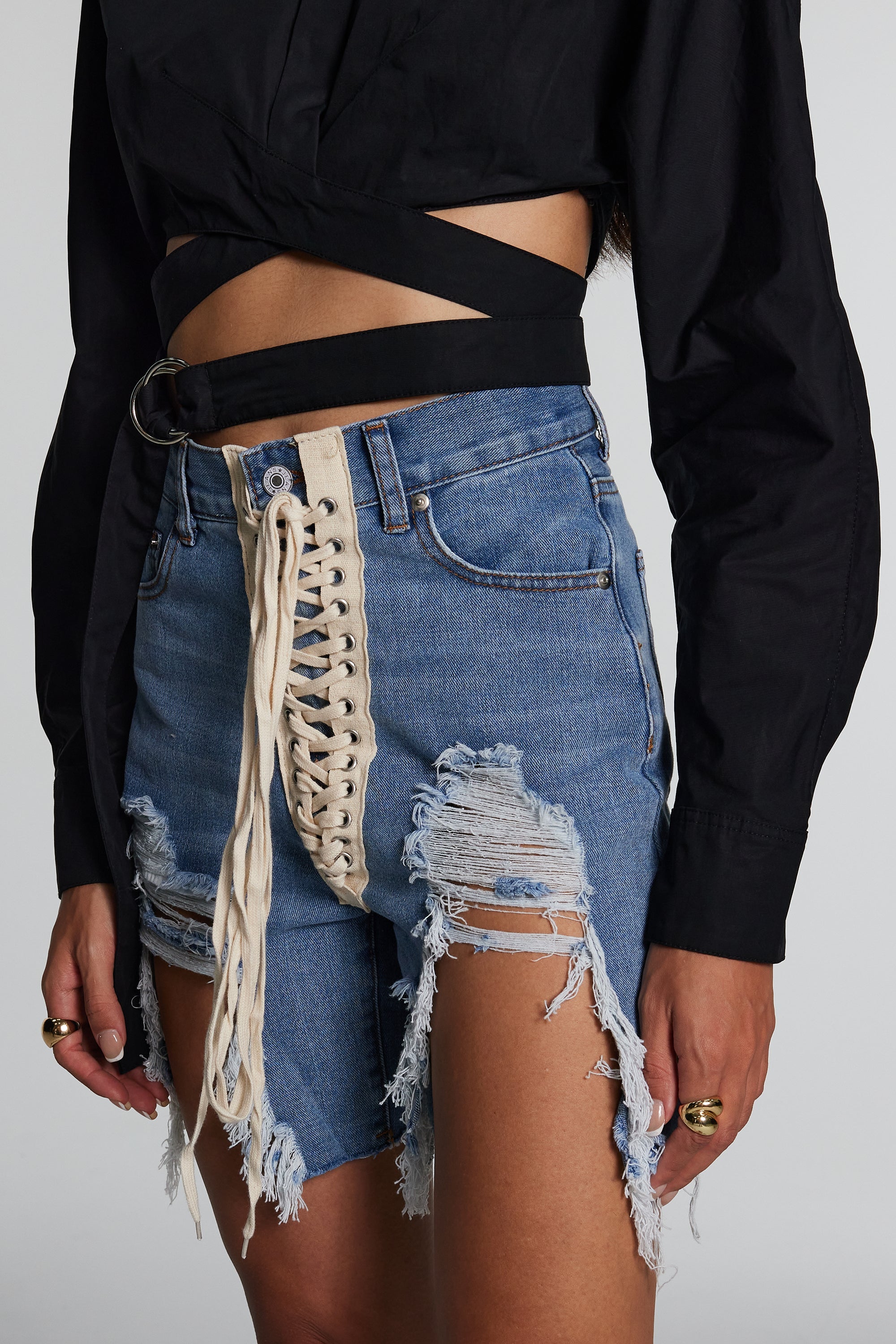 Tallulah Lace Up Fringe Torn Short Jeans