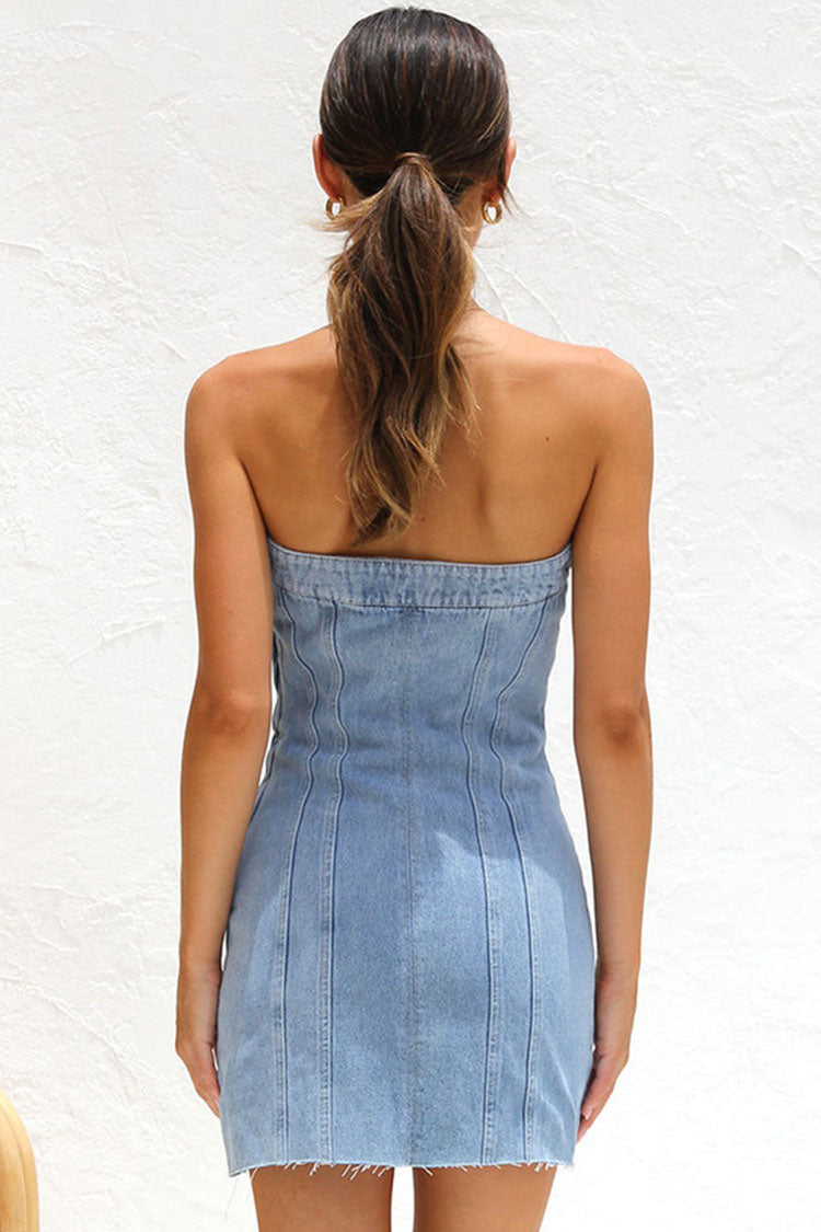 Vintage Distressed Banded Strapless Denim Bodycon Mini Dress - Light Blue