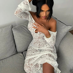 White Sexy Lace Hollow Long Sleeve Dress For Women See Through Maxi Dress Hot Girl Fashion Bodycon Backless Outfits LadyChristmas Gifts