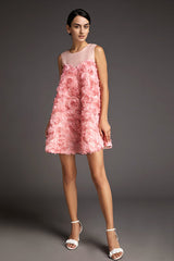 - Pink Floral Embroidery Appliqué Sleeveless Mini Dress