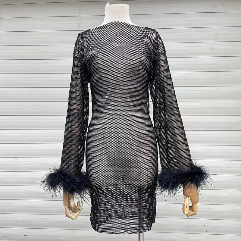 Weave Shiny Rhinestone Mini Dress Women Fashion Sexy See Through Cover-up Dresses Casual Loose Club Luxury Dress LadiesChristmas Gifts