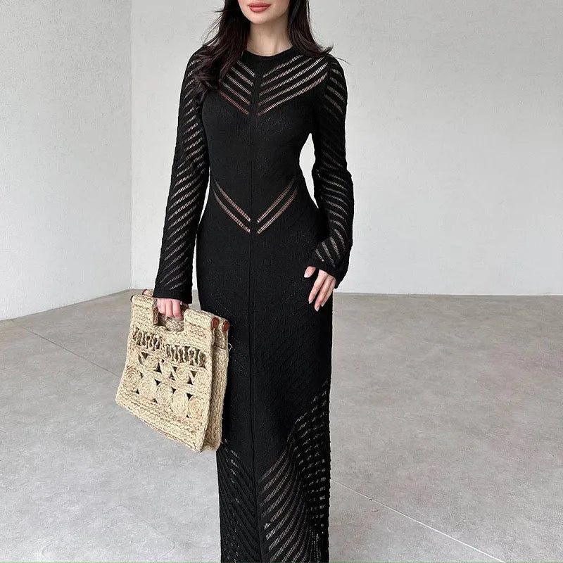 TRAUXY Elegant O Neck Knitted Hollow Out Long Dress Female High Waist Bodycon Dress Fashion Party Dress Full Sleeve Solid ColorChristmas Gifts