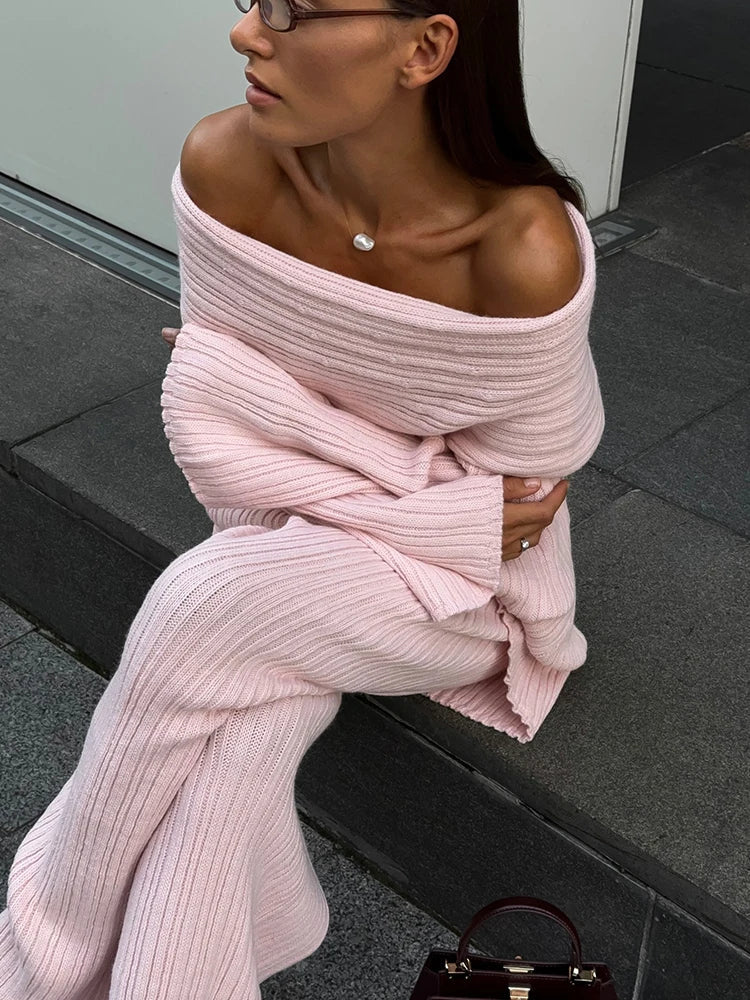 Elegant One-Shoulder Knitted Dress For Women Loose Sexy Rib knit Sweater Autumn Winter Midi Dresses Female Long SleeveChristmas Gifts