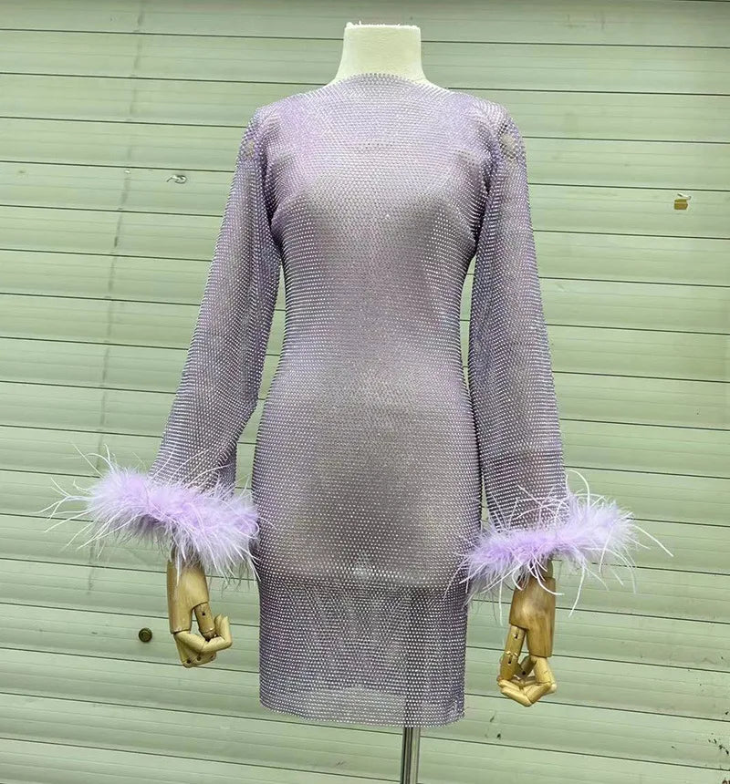 Weave Shiny Rhinestone Mini Dress Women Fashion Sexy See Through Cover-up Dresses Casual Loose Club Luxury Dress LadiesChristmas Gifts