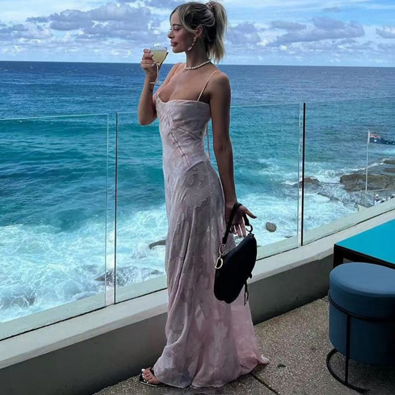 Sexy See Through Beach Spaghetti Maxi Dress For Women Plunge Off Shoulder Floral Mesh Patchwork Long Holiday Dress FemmeChristmas Gifts