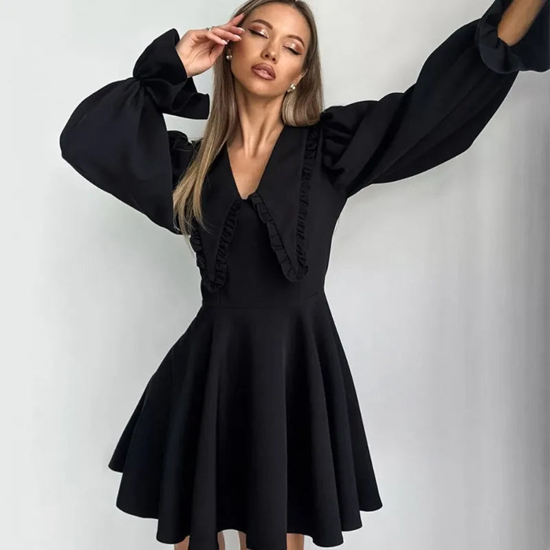 Black Lapel A-Line Mini Dress Women's Fashion Bell Sleeve Slim Patchwork Short Dress Elegant Office Lady Dress Female