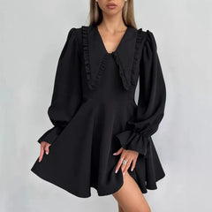 Black Lapel A-Line Mini Dress Women's Fashion Bell Sleeve Slim Patchwork Short Dress Elegant Office Lady Dress Female