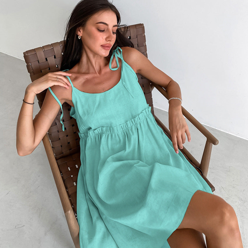 Fashion Vacation Loose Cotton Linen Slip Dress For Women Lace Up Splice Hot Girl Sexy Dress Party Spaghetti Strap Dress