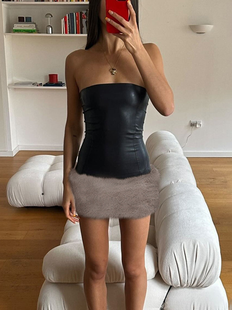 Fur Splice Strap Mini Dress For Women Slash Neck Hot Girl Club Party Dress Autumn Winter Fashion Slim Sleeveless Dress