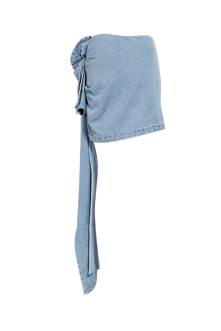 Asymmetric Drape 3D Rosette High Waist Bodycon Faded Denim Mini Skirt