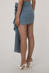 Asymmetric Drape 3D Rosette High Waist Bodycon Faded Denim Mini Skirt