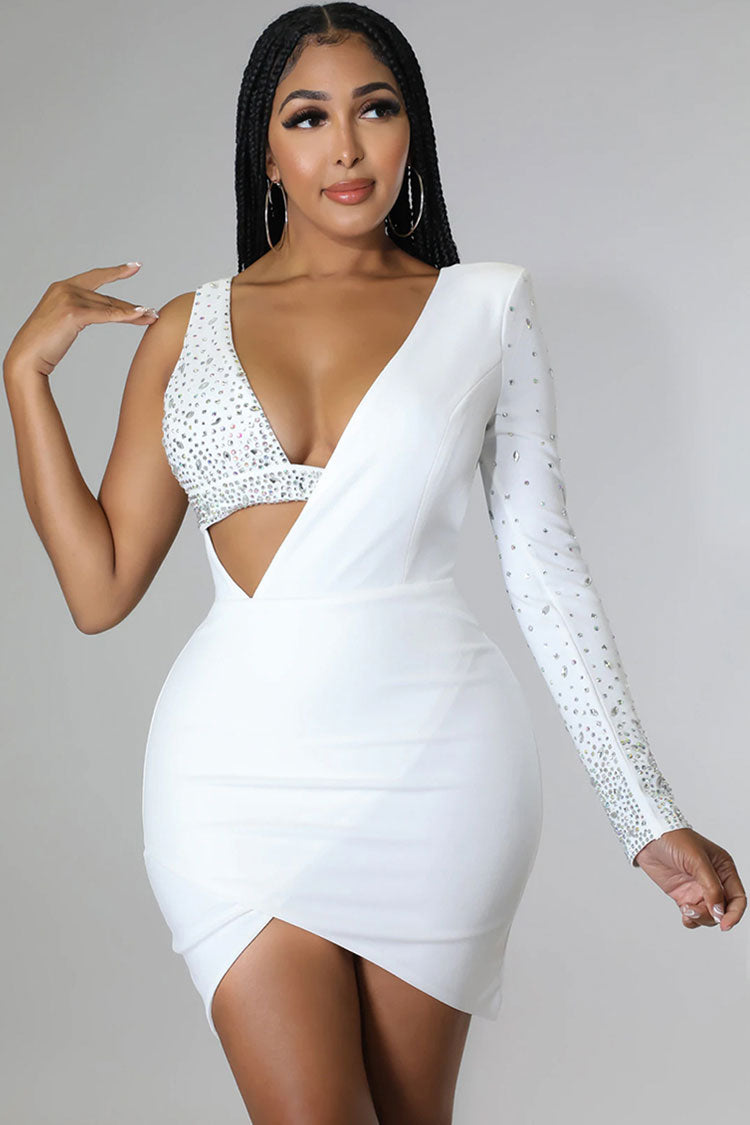 Asymmetrical Crystal Bra Long Sleeve Cutout Bodycon Party Mini Dress - White