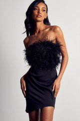 Asymmetrical Faux Feather Trim Cutout Back Strapless Party Mini Dress - Black