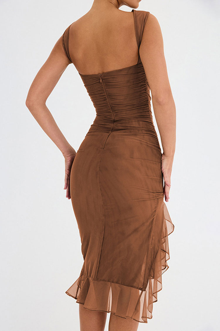 Asymmetrical Sleeveless Mesh Ruffle Ruched Bodycon Party Midi Dress - Brown